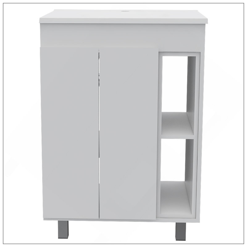 Meuble-lavabo 24 po Meka, deux tablettes extérieures, armoire à deux portes - blanc