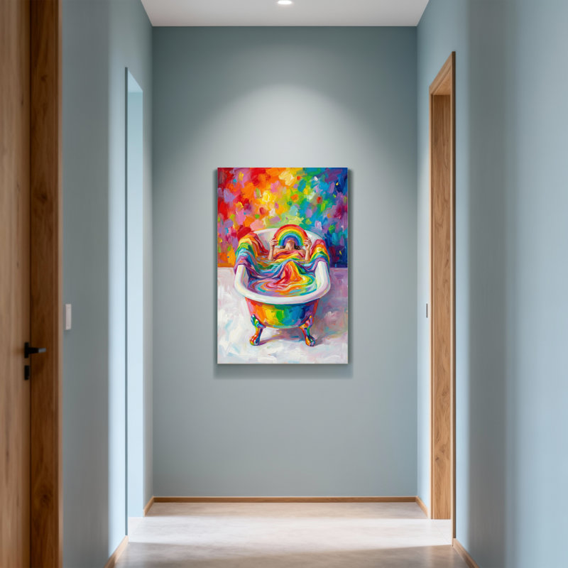 «Bath & Laundry Rainbow Bath», impression sur toile, couleurs vives, scène joyeuse