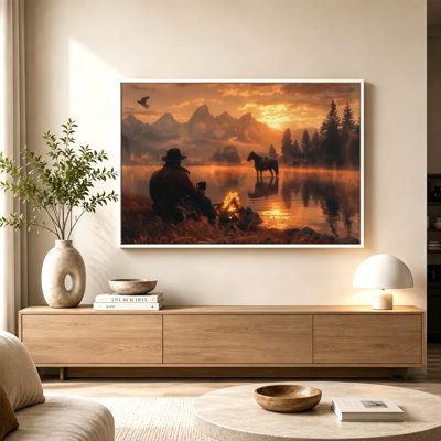 Cowboy Campfire Horse Water Mountains Sunset Canvas Wall Art with Floating Frame, Ready to Hang
