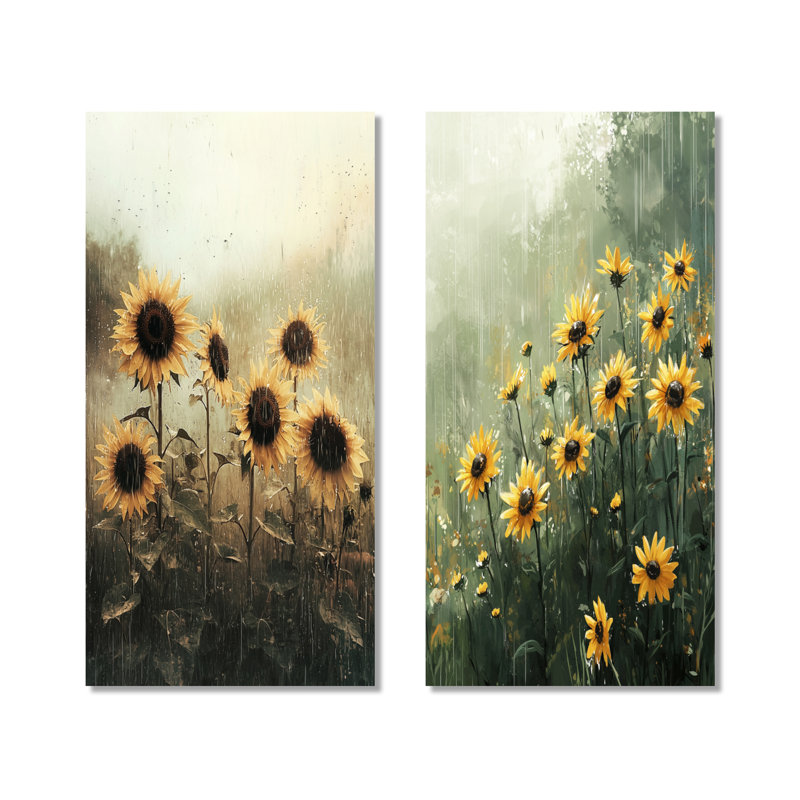 «Vintage Rainy Day Sunflowers I» - ensemble de 2 décorations murales en métal floral jaune, 32" H x 32" W
