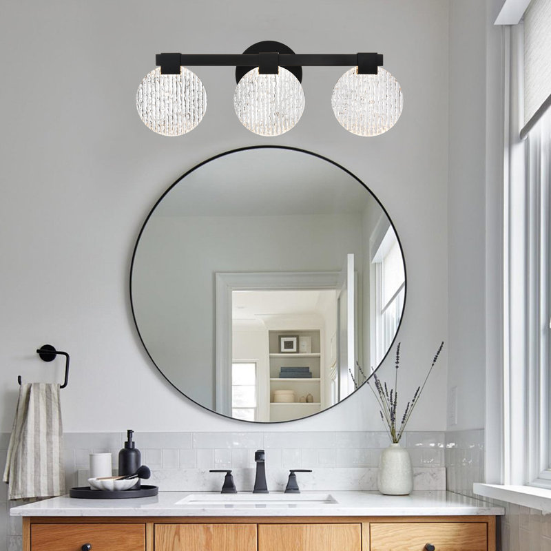 Modern 3-Light LED Bathroom Vanity Light – Matte Black Iron Fixture With Acrylic Crystal Shades, 16'' Wide, 3000K Warm White, Dimmable, Hardwired