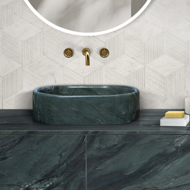 Polished Green Natural Marble Vessel Sink for Bathroom Countertops, Oval Shape with Handcrafted Finish, Measuring 23.6 x 15.7 x 5.9 Inches
