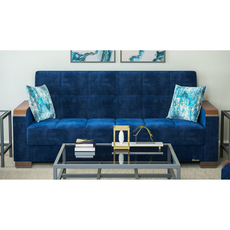 Canapé-lit rembourré avec rangement en microfibre bleue - Bois convertible d'aspect moderne avec garniture pour le confort