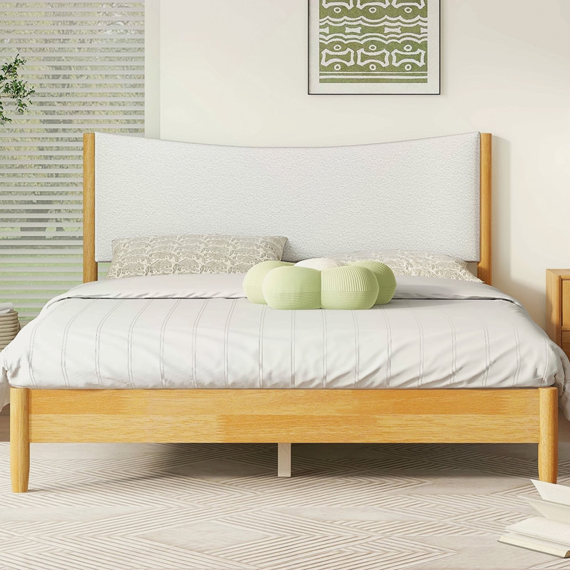 Grand lit en bois d'hévéa massif avec tête de lit rembourrée en velours Teddy, rehaussé de pieds de soutien, hêtre