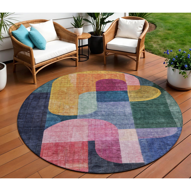 Tapis extérieur rond lavable abstrait 8 pi cuivre et rose
