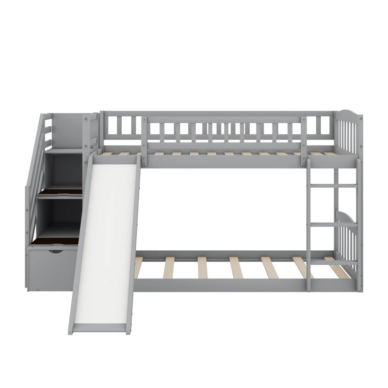 Twin Over Twin Bunk Bed With Slide, Gray