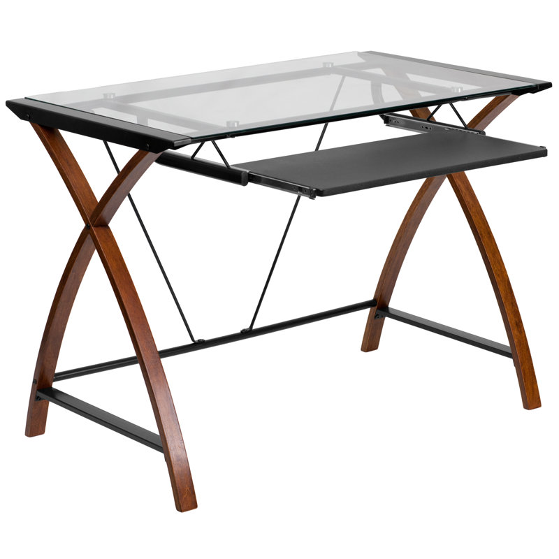 Glass Computer Desk with Pull-Out Keyboard Tray and Crisscross Frame, Clear/Wood Grain