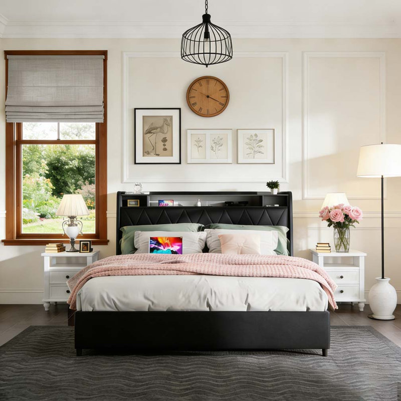 Cadre de grand lit avec tête de lit ergonomique, cadre de lit plateforme grand avec prises et chargeur,, Noir, Grand lit