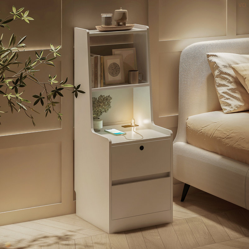 Table de chevet avec station de charge, table de chevet intelligente avec veilleuse, table de chevet moderne avec bibliothèque, tables de chevet avec armoire de rangement pour la chambre à coucher