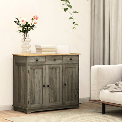 Buffet moderne avec tiroirs - comptoir en bois massif, gris, portes, tablette réglable pour 3 tiroirs gris, rehausse vos assiettes de cuisine, casseroles, poêles, ustensiles, serviettes de table