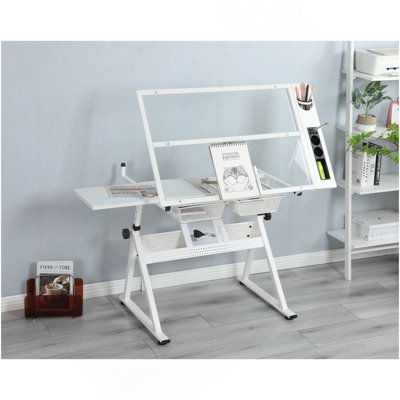 WHITE Table à dessin réglable en verre trempé avec chaise