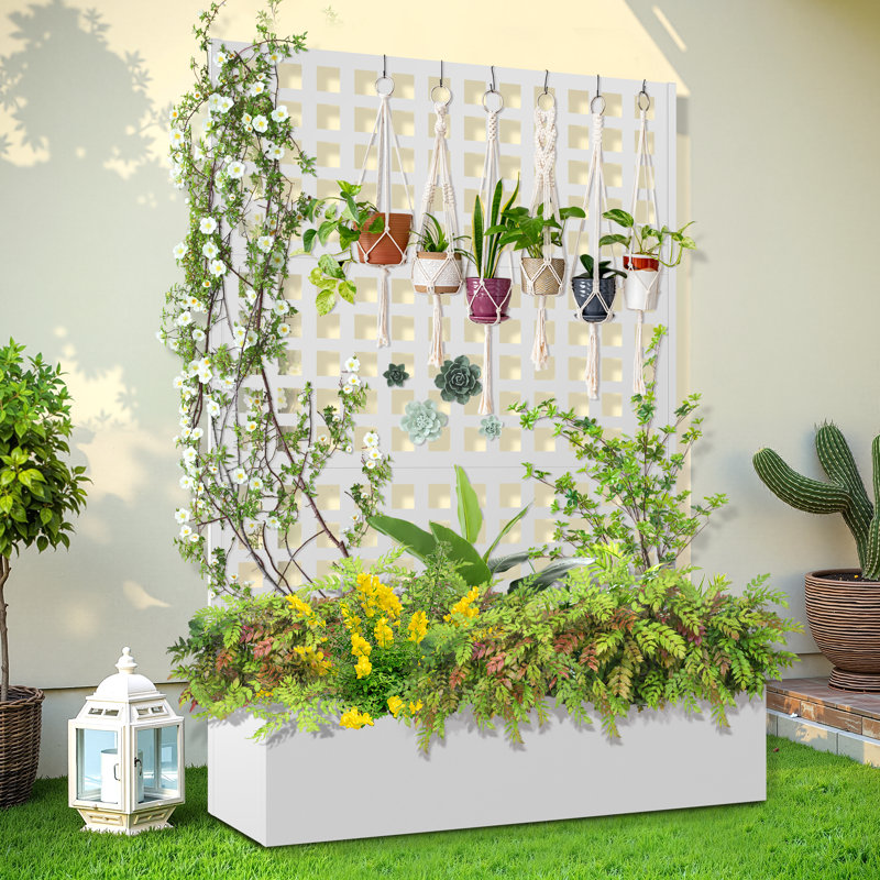 Boîte à fleurs en métal avec treillis, lit de jardin surélevé avec treillis pour plantes grimpantes, boîte à fleurs extérieure avec trous de drainage pour patio, balcon et jardin