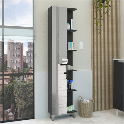 Linen Single Door Cabinet 62" H, Five External Shelves, Four Interior Shelves, Black