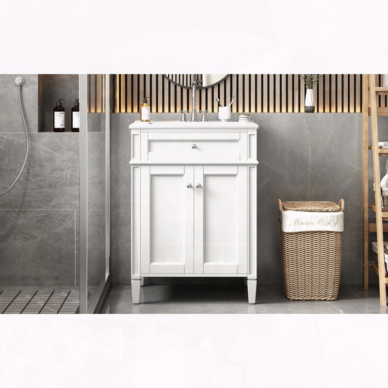 24-Inch French-Inspired Bathroom Vanity with Ceramic Sink and Soft-Close Doors, White