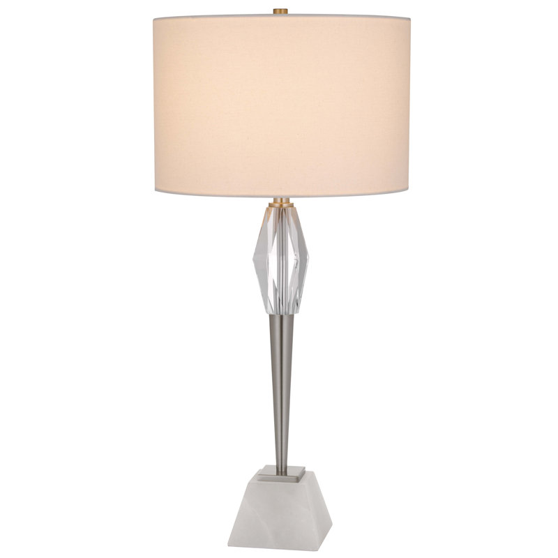 Assen Table Lamp 32"H Brushed Steel Metal Crystal Marble Base 150W E26 3 Way White Drum Shade