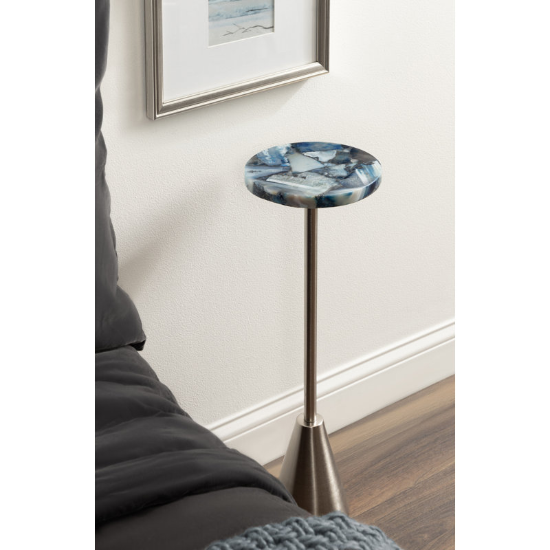 Table ronde en métal et pierre, Bleu, Argent