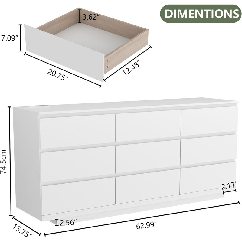 Floating 9 Drawer 63" W Triple Dresser, White