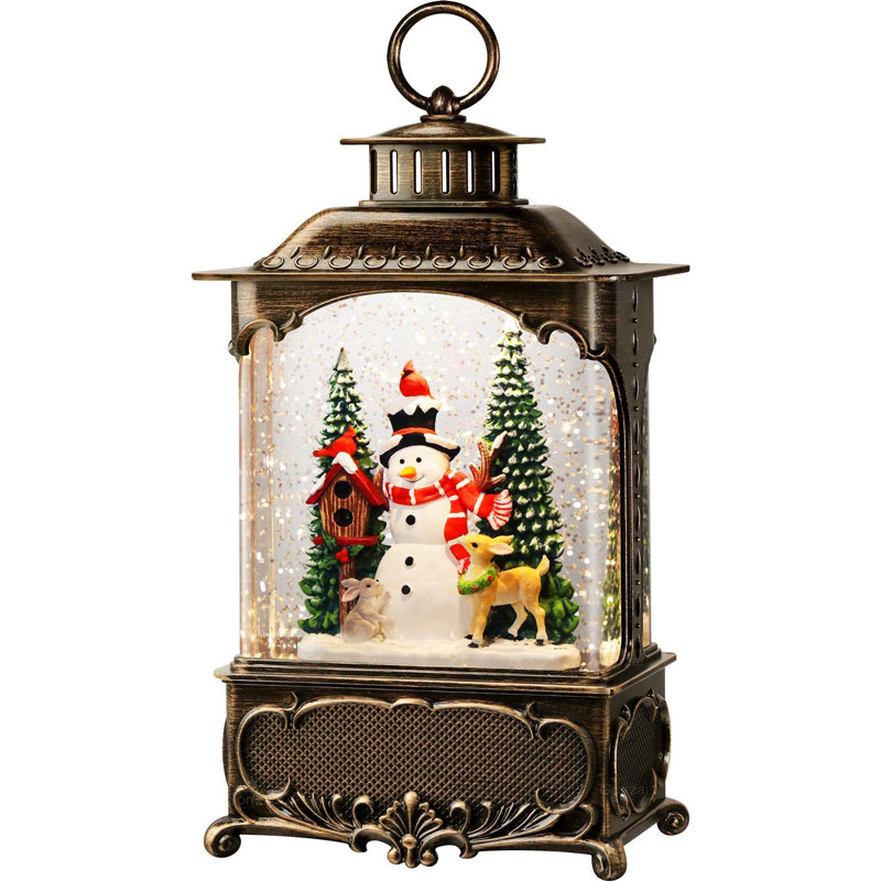 Lanterne en forme de boule à neige musicale illuminée - bonhomme de neige, cerf, cardinal et lapin avec minuterie, paillettes tourbillonnantes | USB / à piles pour la maison intérieure