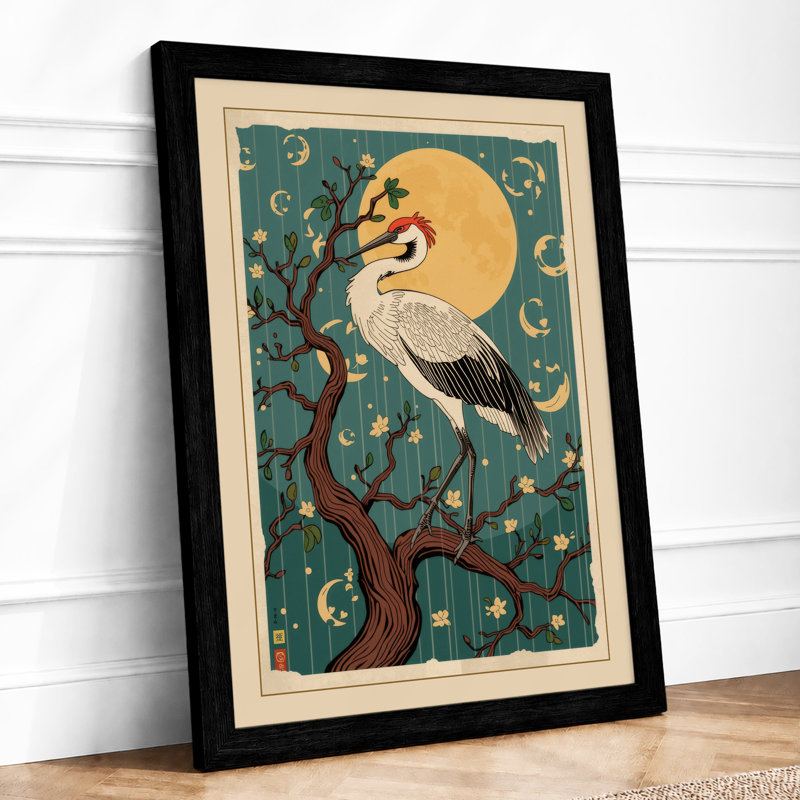 Crane Under Moon Japandi - Framed Print, A3 - 42.0 x 29.7 cm, Black