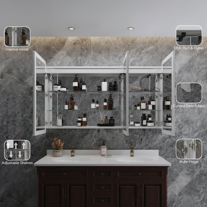 60'' W x 32'' H LED Medicine Cabinet with Dimmable Mirror – Surface/Recessed Mount, 3 Adjustable Shelves, Fog-Free, Rounded Edges