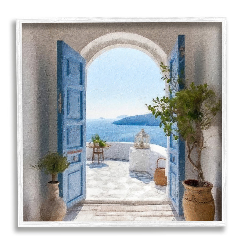 Art de la giclée encadrée blanche avec décor de porte grecque bleue par LSR Design Studio, H 17 po x l 17 po x P 1,5 po