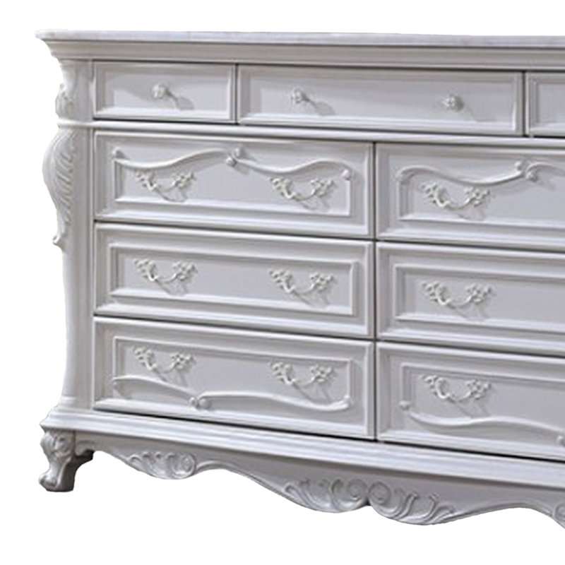 Venta 70.5" Wide 9‑Drawer Solid Wood Dresser with Carved Details, White Finish