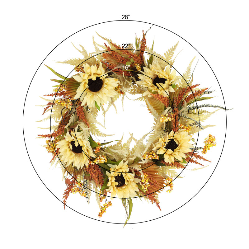 22" Fall Sunflower and Heather Wreath, Orange/Cream