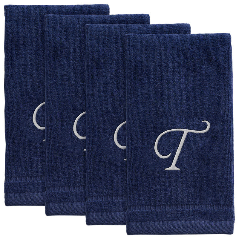 Set of 4 Navy Blue Monogrammed Towel - White Embroidered, T
