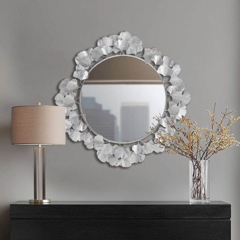Martha Stewart Eden Gingko Leaf Round Wall Mirror 30.5", Silver