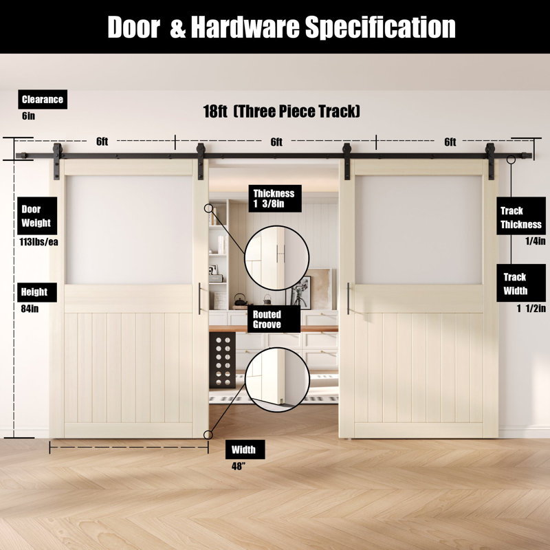 Portes de grange non assemblées et finies en verre avec demi-verre de 48 po x 84 po Homacer Tinsmith Grey, 48 po x 84 po