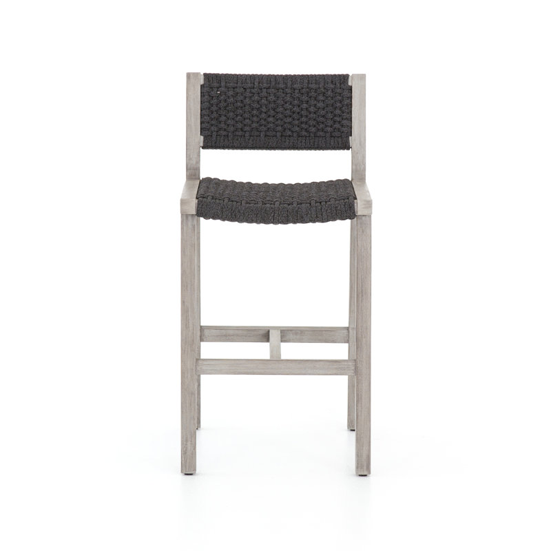 Delano Outdoor Teak Bar Stool, Bar Stool (29" Seat Height), Thick Gray Rope, Weathered Gray