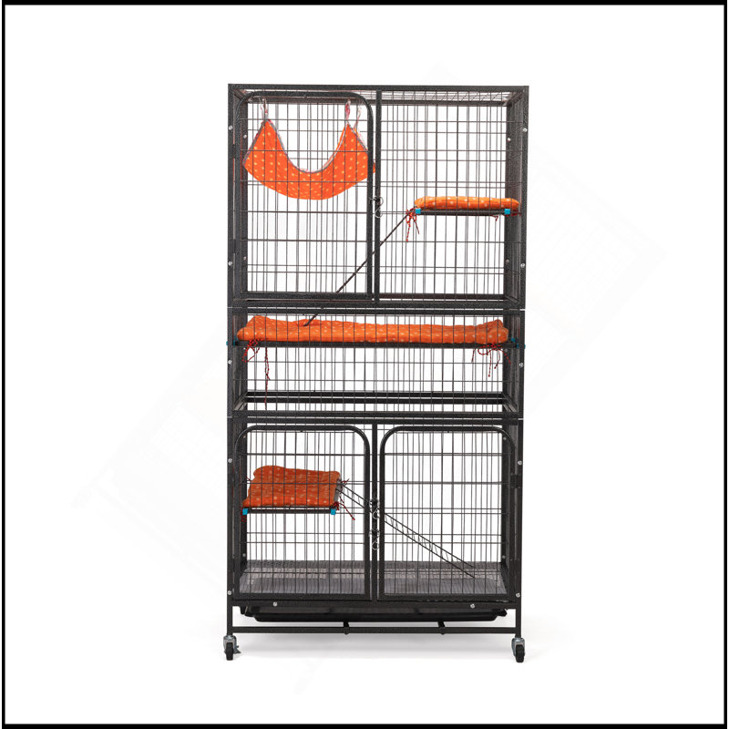 Cage pour animal de compagnie de 4 étages, cage à lapin avec échelle, roues verrouillables et plateau amovible, noir et orange