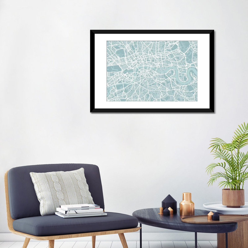 « london map » par michael thompsett, impression sur toile, H 24 po x l 32 po x P 1 po, Papier d'art encadré noir, Blanc