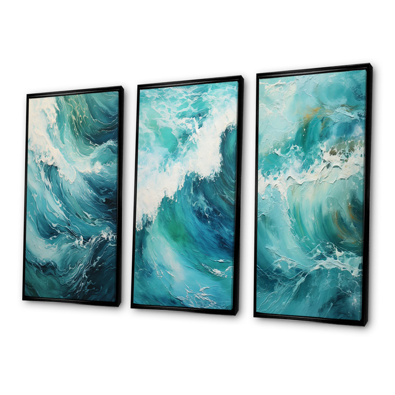 Expression de vagues bleu sarcelle, H 28 po x l 36 po, Cadre flottant noir