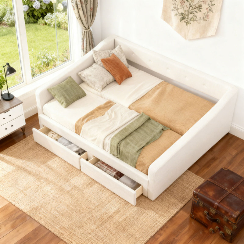 Twin XL to King Size Upholstered Daybed with Two Drawers