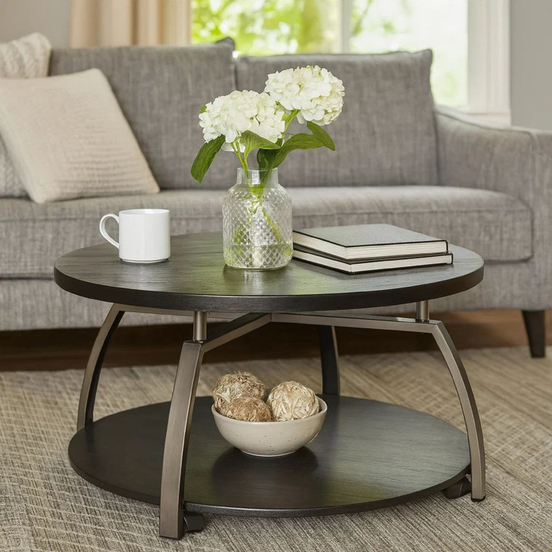 Table basse Salar 35 pouces, 1 tablette, plateau noir grisâtre, pieds en métal gris Salar