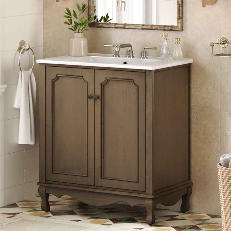 Caspian 30" Vintage Bathroom Vanity With Ceramic Sink & Adjustable Shelves, Antique Brown