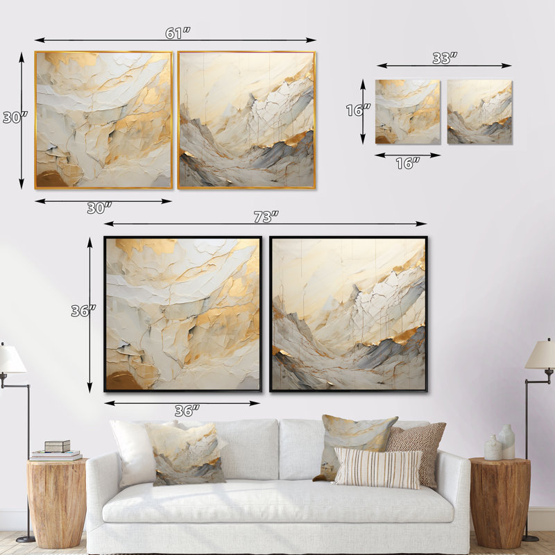 Ensemble de 2 collages carrés abstraits beiges et dorés Glacier Stone Simplicity, H 36 po x l 73 po, Toile tendue