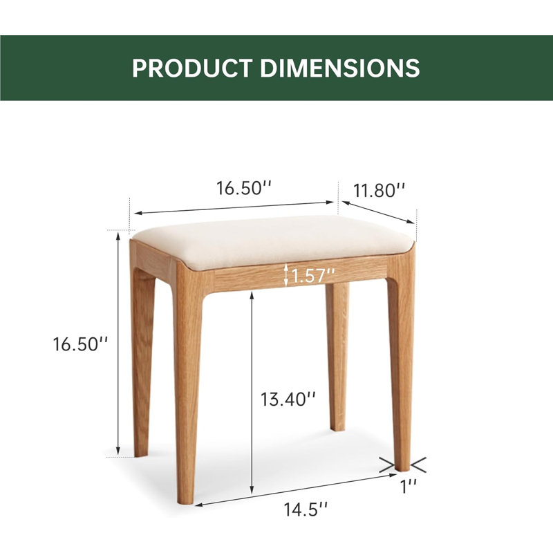 Tabouret de coiffeuse moderne en chêne massif avec siège rembourré en lin, Chêne naturel, Cream