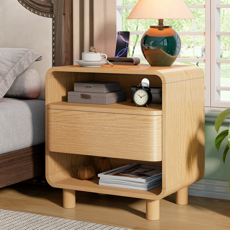 Modern Nightstand W/open Shelf Storage, Mid Century Night Stand With Drawer, Curved Profile, Wood Bedside End Table For Bedroom, Light Oak