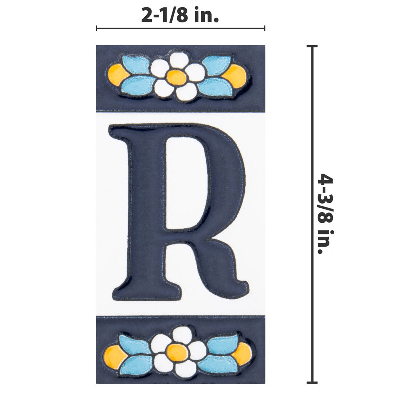 Sevillano 2.13" x 4.38" Ceramic Floral Address Letter Wall Tile in White/Blue