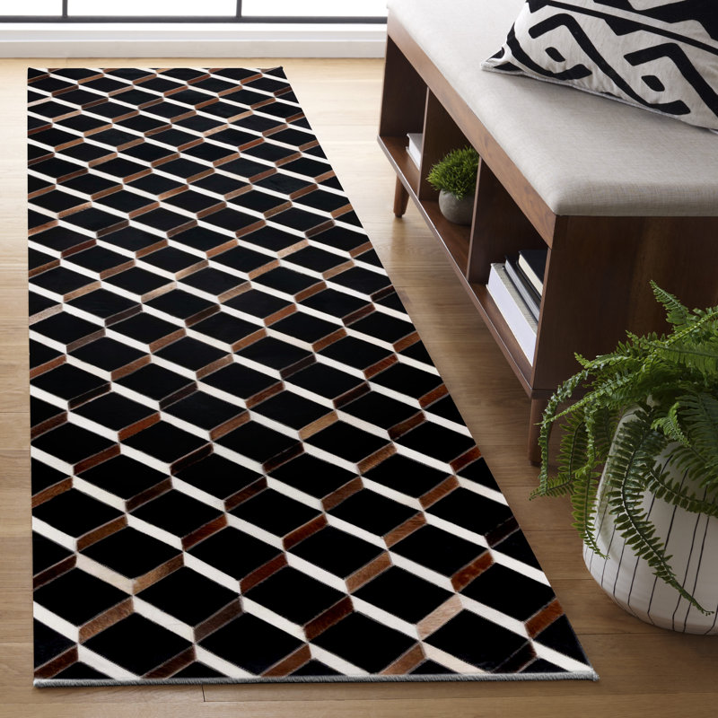 Studio Leather Hand Woven Wool/Leather/Non Woven Felt Geometric Rug in Black/Brown, Runner 2'3" x 9'