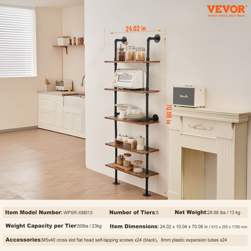 5 Piece Square Steel; Wood Floating Shelf