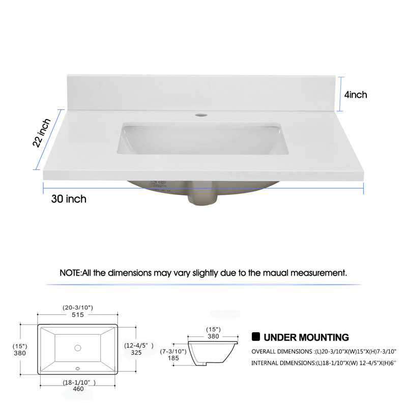 30" Engineered Stone Single Bathroom Vanity Top With Sink