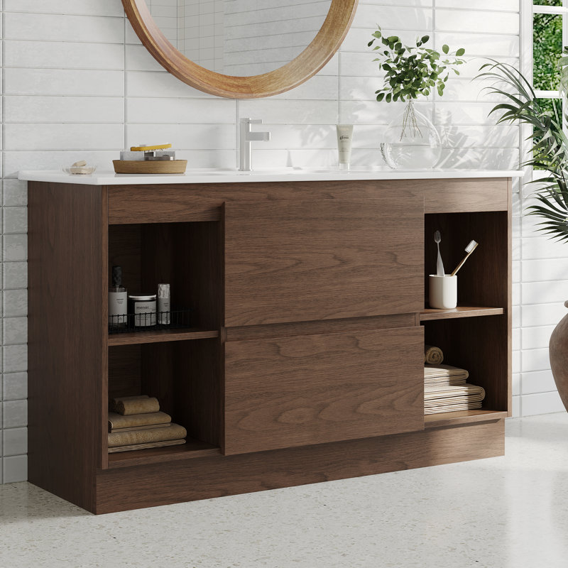 48" Mid Century Floorstanding Single Bathroom Vanity with Ample Storages, Glossy White Table top, Pre-Assembled Need