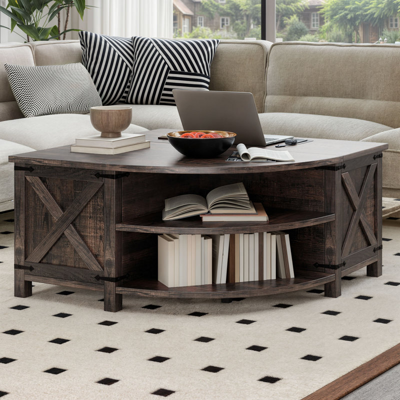  Table basse à plateau relevable Farmhouse avec station de rangement et de charge, Bois de chêne