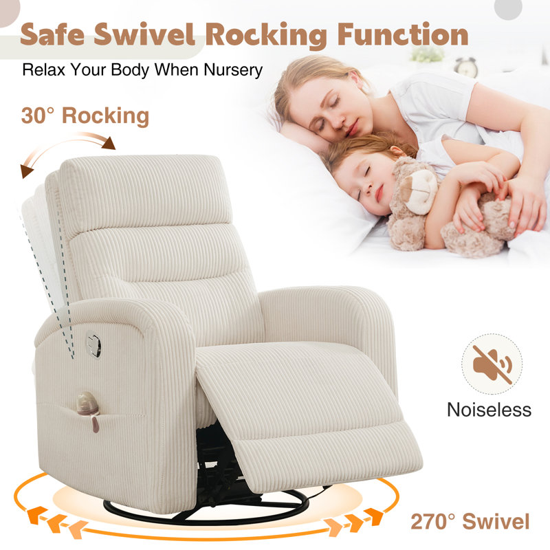33" Modern  Corduroy Swivel and Rocker Glider Recliner with Wider Armrest,Double Pockets, Corduroy White
