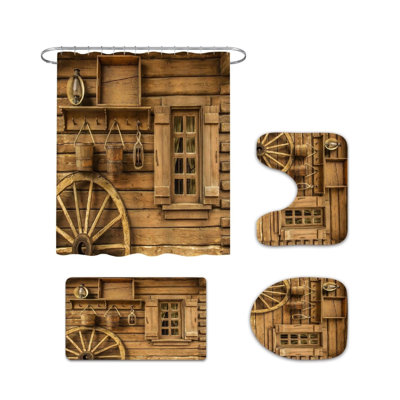 4 Piece Rustic Cabin Wagon Wheel Shower Curtain Sets