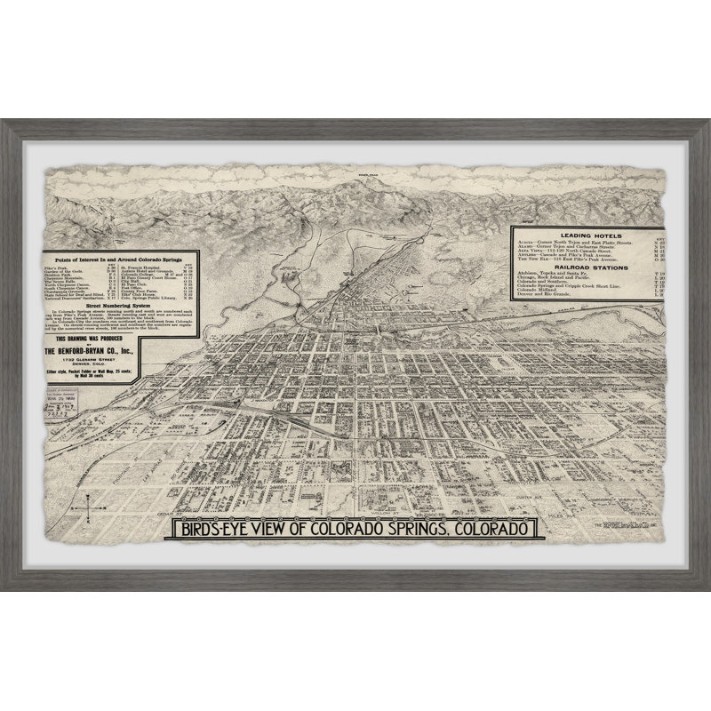 Vue d'oiseau de Colorado Springs - Reproduction d'art graphique sur papier encadré, H 12 po x l 18 po x 1,5 po