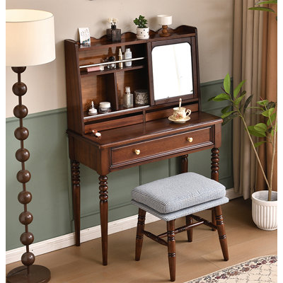 Coiffeuse de chambre à coucher en bois d'hévéa de style milieu du siècle avec miroir